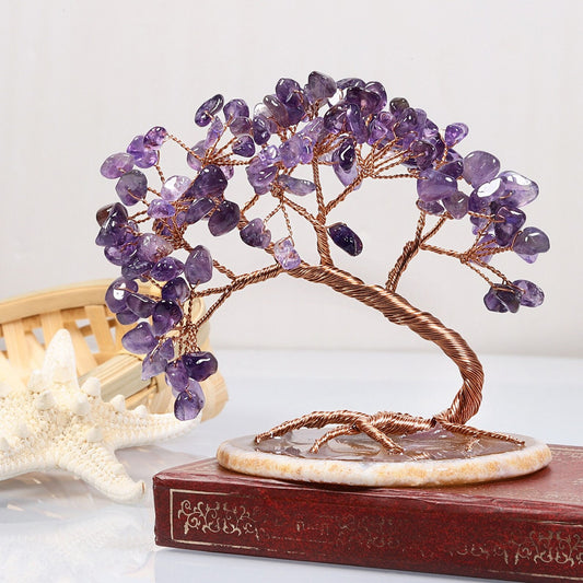 Natural Amethyst Crystal Money Tree Agate Slice Base Feng Shui Crystal Tree for Wealth Luck Bonsai Chakra Healing Gemstone Tree Wire Sculpture Tree
