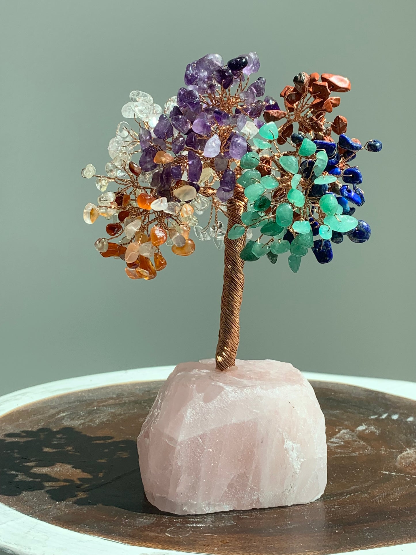 7 Chakra Crystal Tree of Life Crystal Gemstone Tree on Rose Quartz Base Home Office Decor for Wealth and Luck