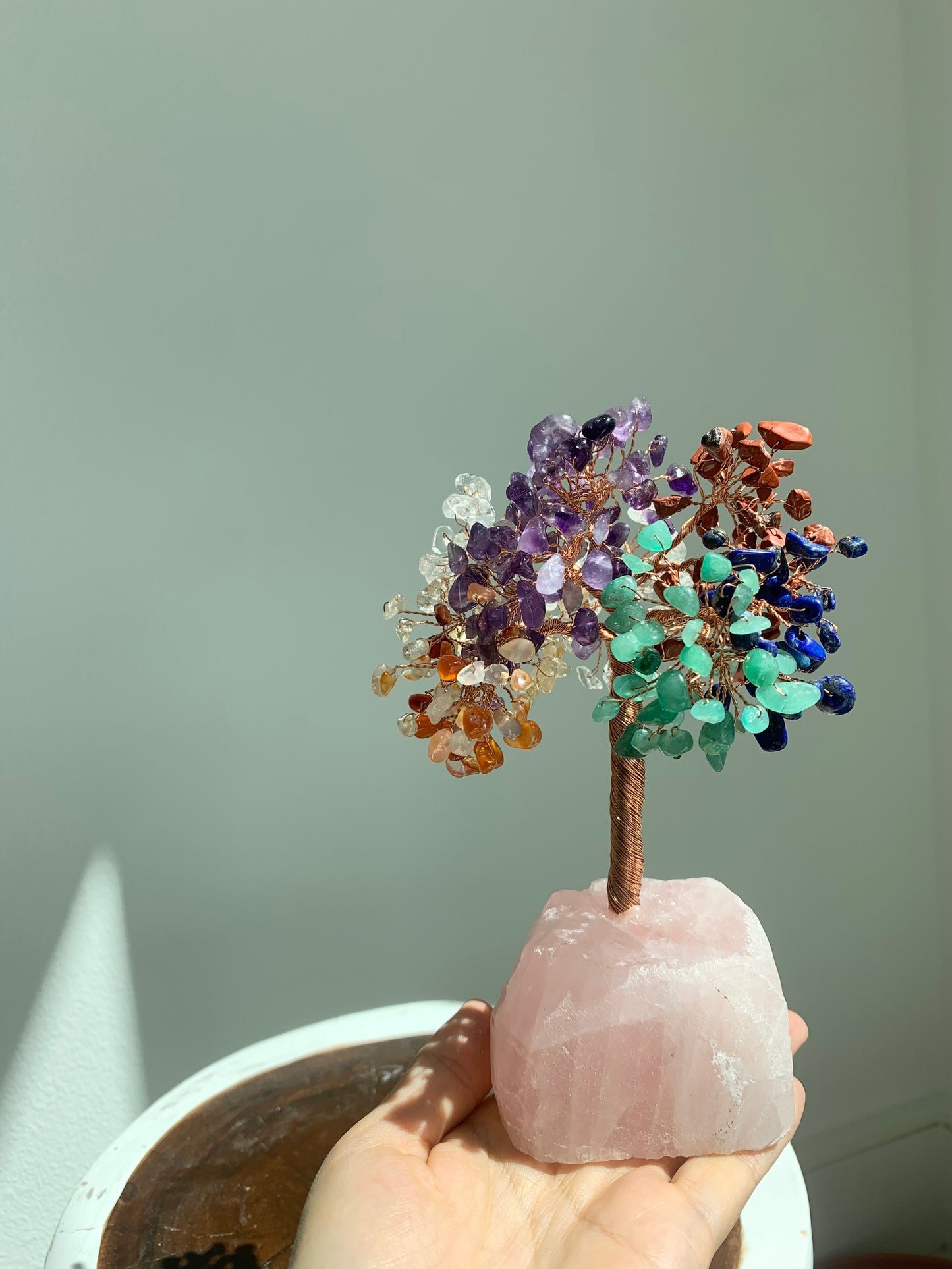 7 Chakra Crystal Tree of Life Crystal Gemstone Tree on Rose Quartz Base Home Office Decor for Wealth and Luck