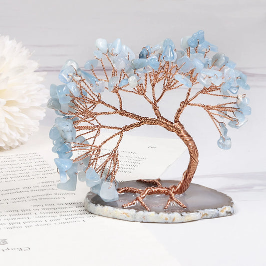 Natural Aquamarine Crystal Money Tree Agate Slice Base Feng Shui Crystal Tree for Wealth Luck Bonsai Chakra Healing Gemstone Tree Wire Sculpture Tree
