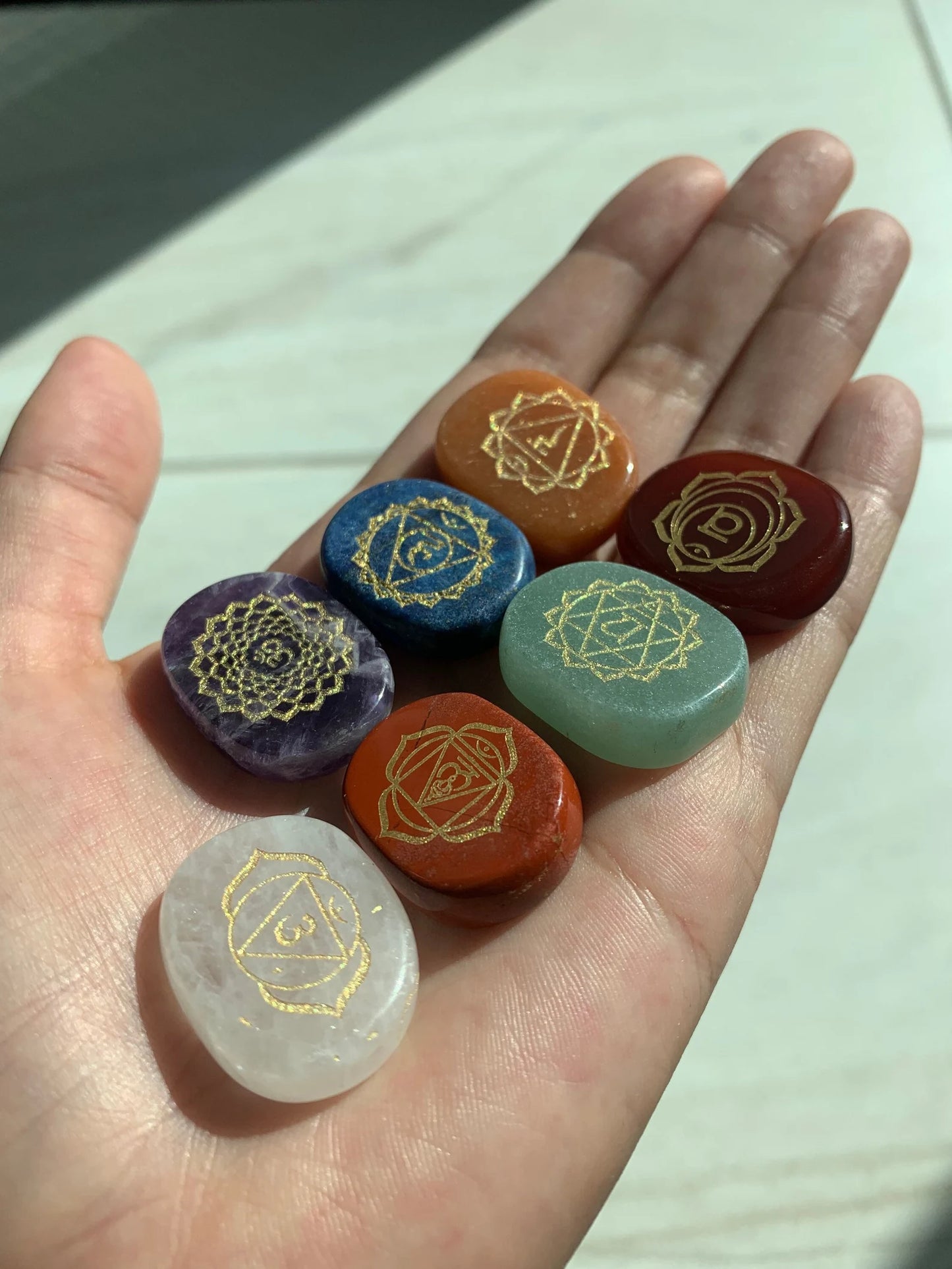 7 Engraved Chakra Symbols Balancing Polished Palm Stones- Reiki Healing Crystal- Chakra Stone Set