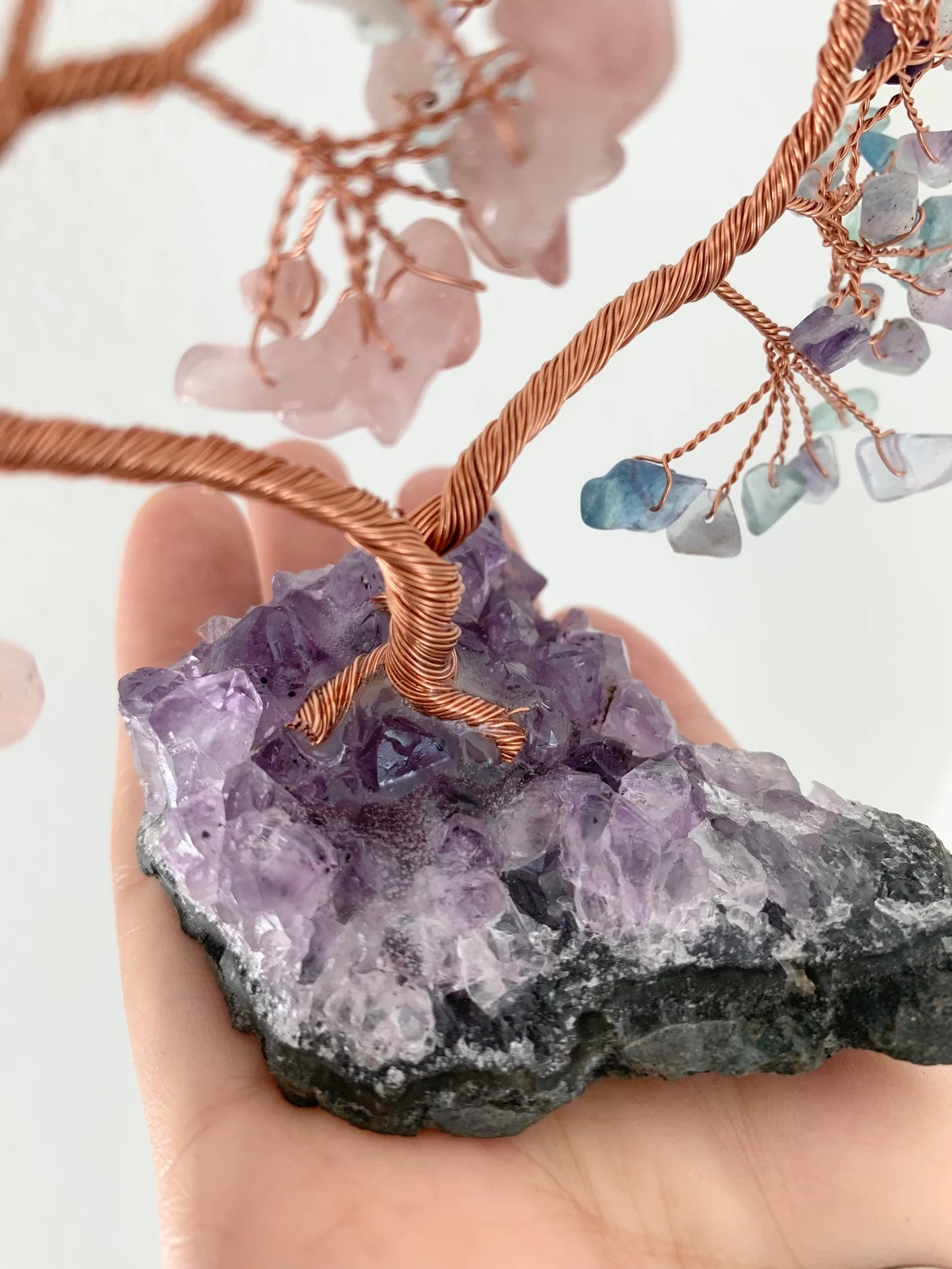 Handmade Rose Quartz and Fluorite Crystal Heart Tree of Life on Amethyst Cluster Base Money Stone Tree for Wedding Reiki