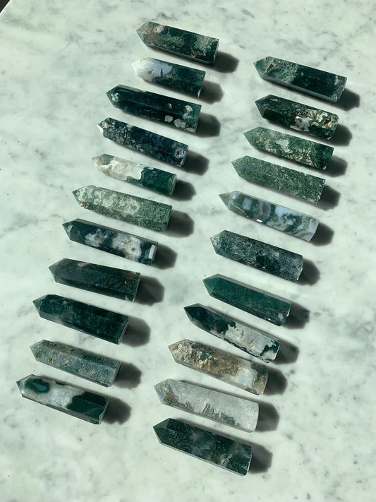 Natural Moss Agate Crystal Towers Wand Point Healing Obelisk Home Decor Protection Positive Energy Meditation Reiki Gemstones