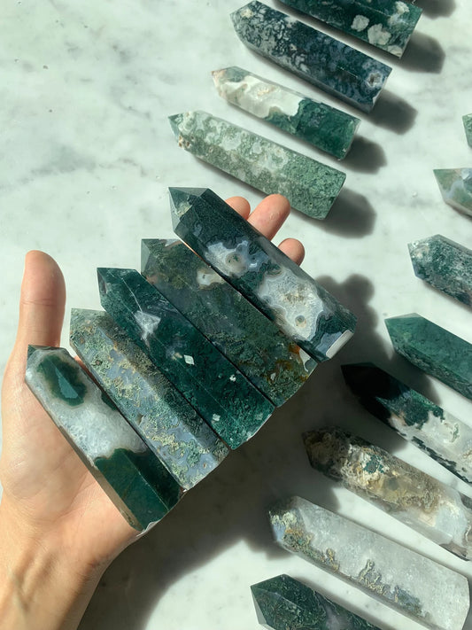 Natural Moss Agate Crystal Towers Wand Point Healing Obelisk Home Decor Protection Positive Energy Meditation Reiki Gemstones