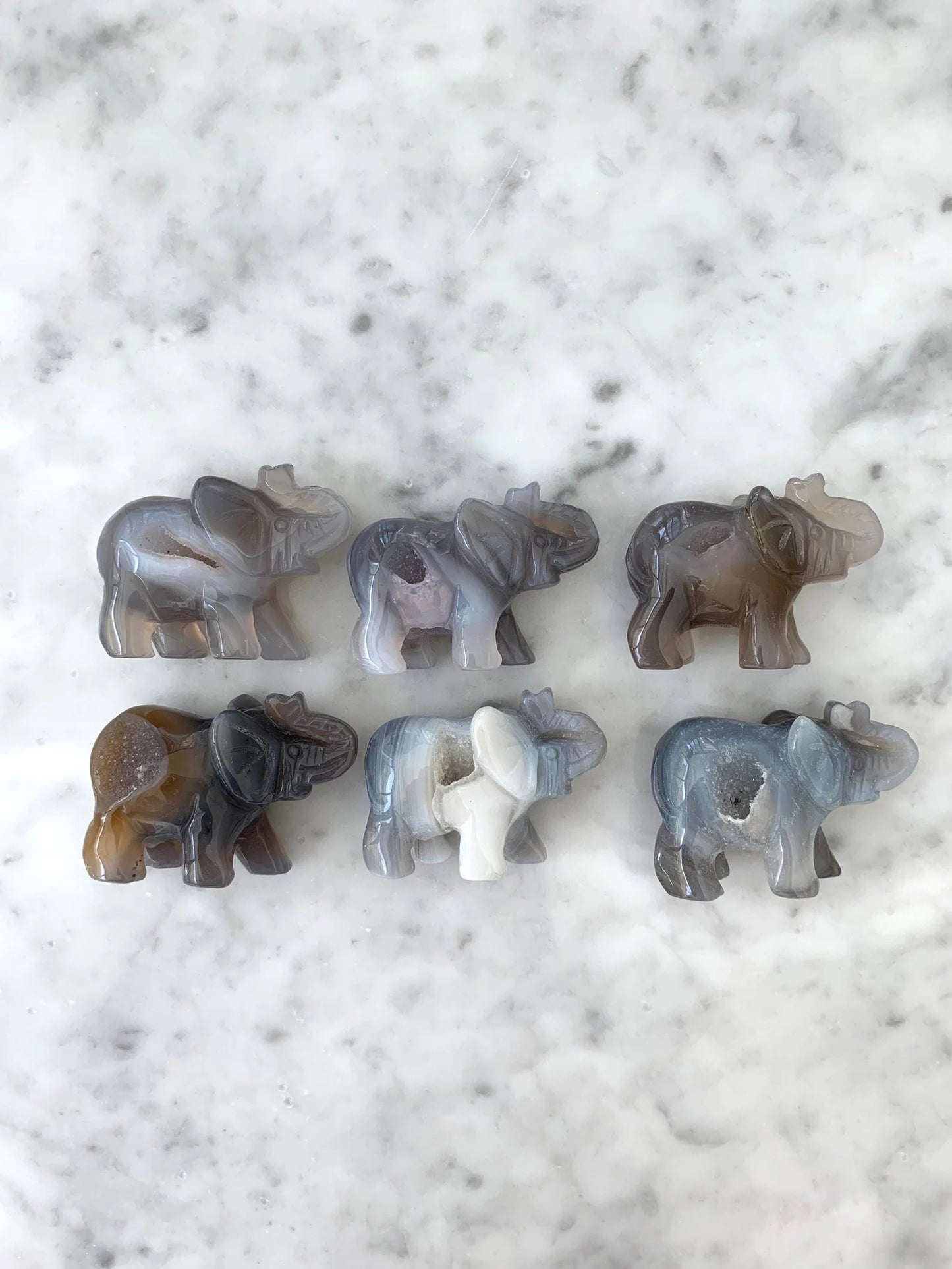 Geode Agate Elephant Crystal Carvings With Druzy, Elephant Crystal Carvings